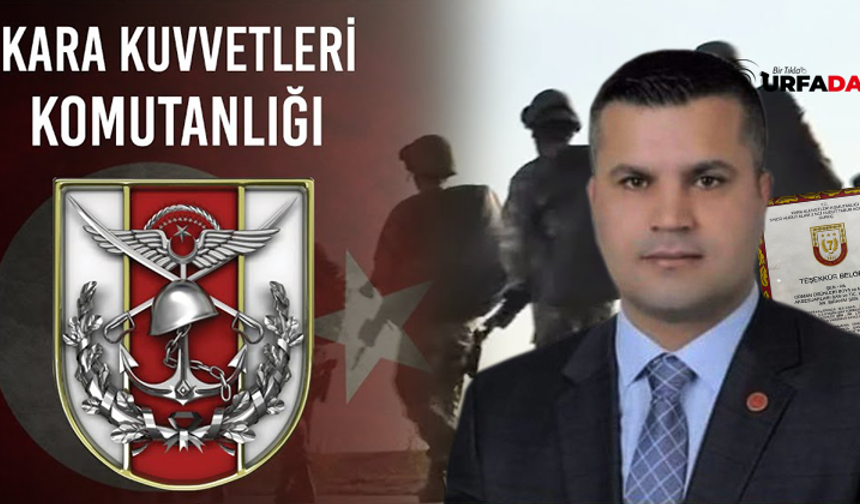 Şanlıurfalı İş İnsanı İbrahim Şen’e Kara Kuvvetleri Komutanlığından Teşekkür Belgesi